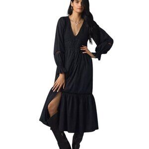 Anthropologie The Peregrine Midi Dress, Long Sleeve, A-Line, Black, Smocked, XS